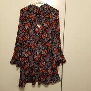 Floral Bell Sleeve Shift Dress Flared Hem